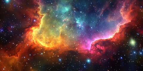 Obraz premium rainbow cosmic composition where a vast nebula radiates a full spectrum of rainbow hues--crimson, gold, emerald, and violet--flowing seamlessly across deep space ,glowing stars the celestial mist