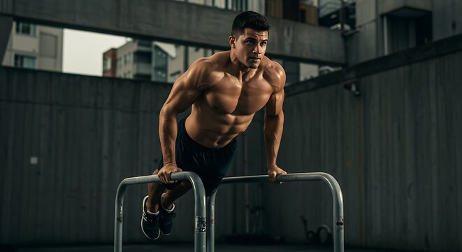 Muscular Man Doing Dips Exercise on Parallel Bars Outdoors During Daytime - Powered by Adobe