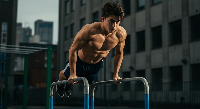 Man Doing Calisthenics Exercise on Parallel Bars in an Urban Outdoor Setting