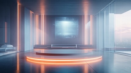 A futuristic podium with holographic projections, clean and minimalistic design, and floating transparent screens