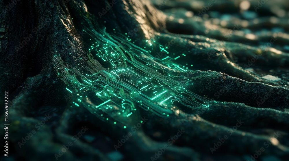 Aufkleber Glowing circuit board embedded within tree roots.