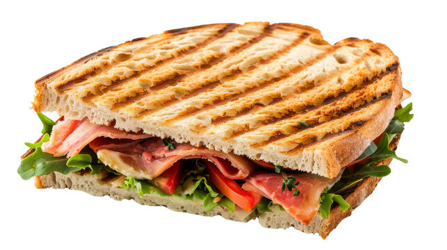 Delicious grilled sandwich with bacon, lettuce, and tomato on transparent background