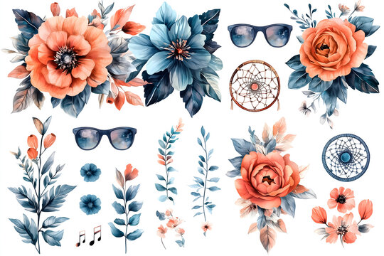 Watercolor Floral Collage: A vibrant watercolor composition featuring an array of elegant flowers, stylish sunglasses, and a dreamcatcher, evoking a sense of bohemian flair and creative expression. 