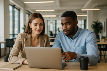 Jeune femme et homme regardant ensemble un ordinateur portable dans un bureau moderne, ambiance professionnelle et collaborative
