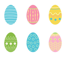 Set of Easter eggs. Six colored eggs isolated on a white background. Flat design. Colored icon, vector illustration.