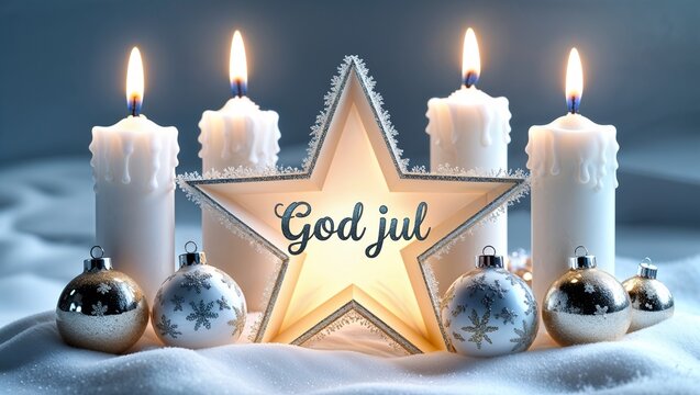 Illuminated star with god jul text surrounded by candles and christmas ornaments on snow surface