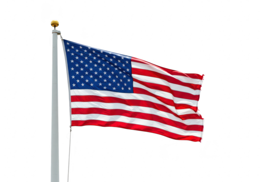 The United States flag waving on a white flagpole isolated on transparent background