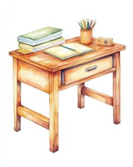 Classic school desk with textbooks and stationery ready for learning with pencil and book in nostalgic setting