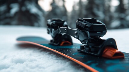 Close-up view of touring ski bindings on snow with blurred winter background