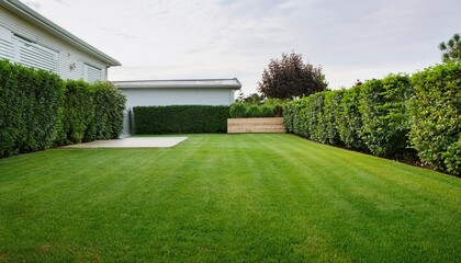 Modern backyard with perfectly manicured lawn, ideal for landscape and home design inspiration 