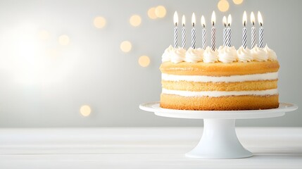 Delicious birthday cake topped with glowing candles against a clean bright white background creating a festive and celebratory atmosphere for a special occasion or milestone event