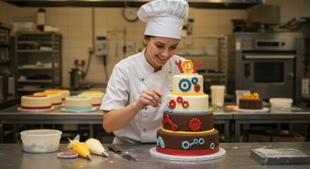 Female Pastry Chef Decorating a Multi-Layered Cake with Mechanical Theme