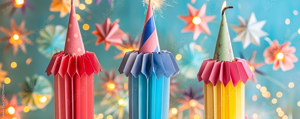 Poster three colorful paper party decorations with lit sparklers on a blue background with decorative paper