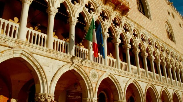 Beautiful panoramic view of the Palazzo Ducale (Doge's Palace) in Piazza San Marco (St Mark's Square), Venice, Italy during sunrise.