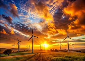 Obraz premium Panoramic Silhouette of Wind Turbines at Sunset - Clean Energy Landscape