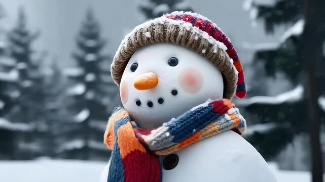Smiling snowman on a cold blustery winter day