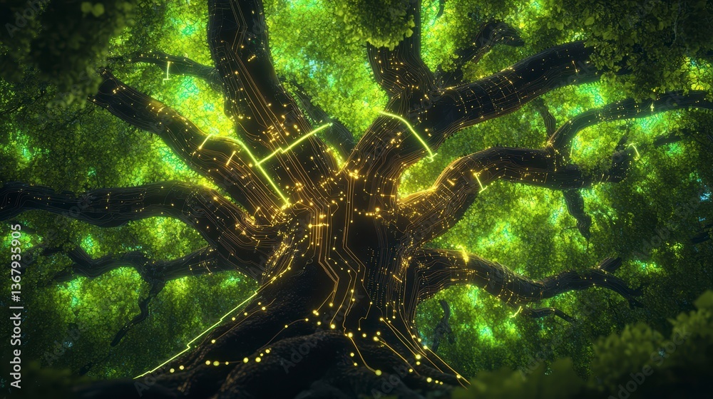 Poster Glowing circuit lines illuminate a large tree's branches and trunk, symbolizing nature and technology's interconnectedness.