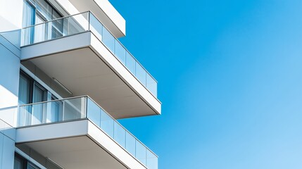 Fototapeta premium Modern Building Balconies Against a Vibrant Blue Sky Architectural Perspective