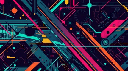 Geometric shapes and lines fill the frame in a mix of colors. The image looks like circuit art, and is filed as an illustration.