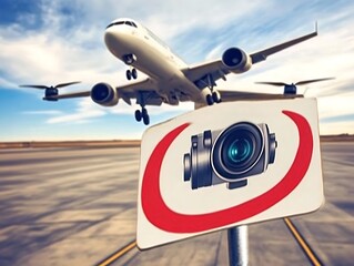 A sign with a camera and an airplane during takeoff