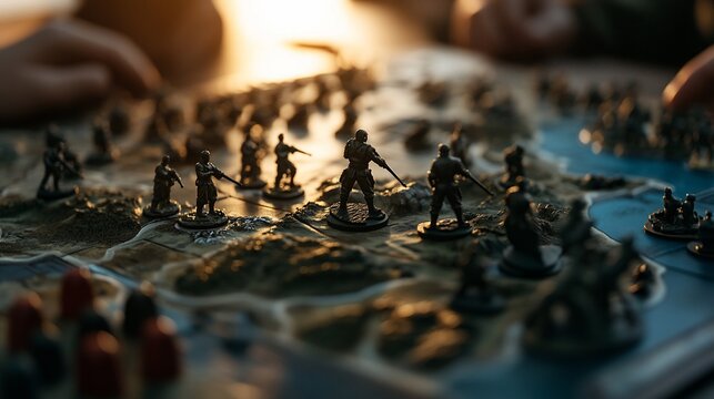 Miniature Warfare Strategy Game Board with Detailed Terrain and Figures - Powered by Adobe