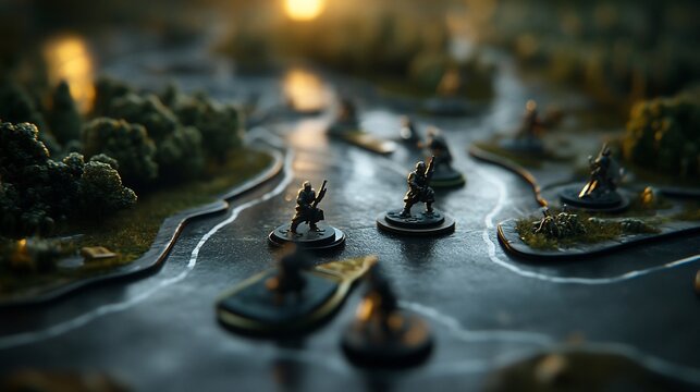 Strategic miniature wargaming table top setup with detailed terrain and figurines