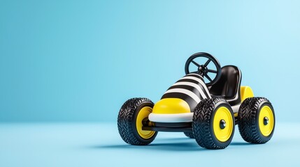 Colorful Toy Car with Stripes and Large Tires on Blue Background