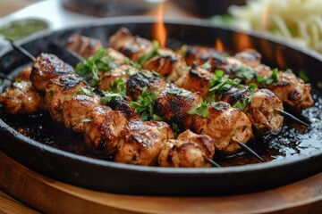 A sizzling skillet of shish tawook with marinated chicken skewers