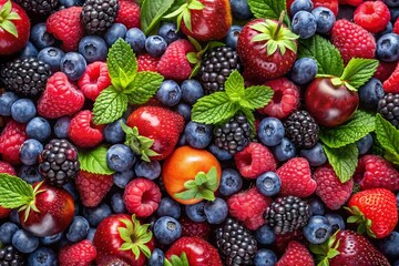 Panoramic Summer Berry Mix Background: Vibrant Red, Blue, and Purple Berries for Food and Drink Designs