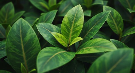 深緑と黄緑 鮮やか葉脈 熱帯植物 密生 美しいコントラスト