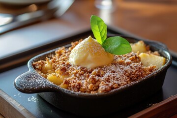 A warm tray of apple crumble with a scoop of custard