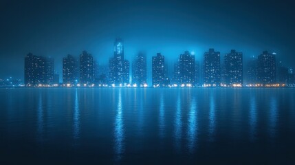 Fototapeta premium Night Cityscape: Misty Metropolis Reflected in Serene Waters