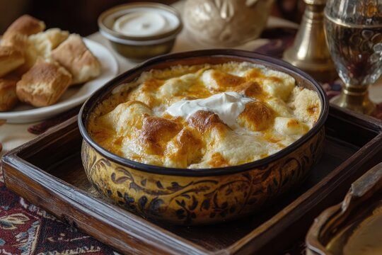 A warm tray of aish el saraya with bread pudding and cream