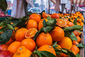 Fresh sicilian oranges at the food market stall in Catania