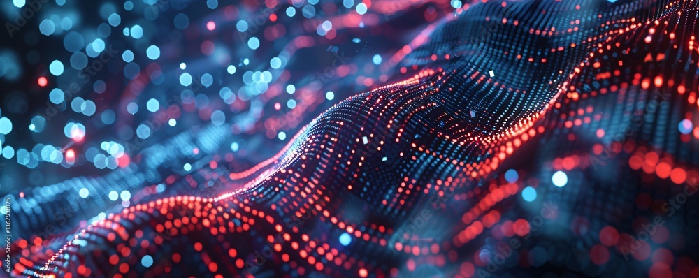 Poster Abstract red and blue particles surface is moving and forming a futuristic cyberspace structure