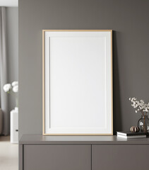 Minimalist interior mockup with blank frame. Empty frame wall poster mockup. Interior mockup with modern design. Contemporary interior scene
