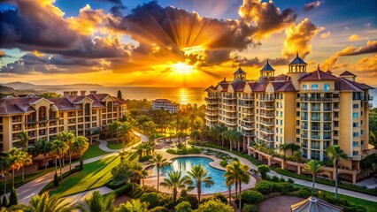 Fototapeta premium Panoramic Sunset View: Luxury Resort Residences at Golden Hour