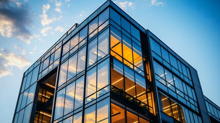 Modern Glass Office Building with Sky Reflection at Sunset in Urban Environment