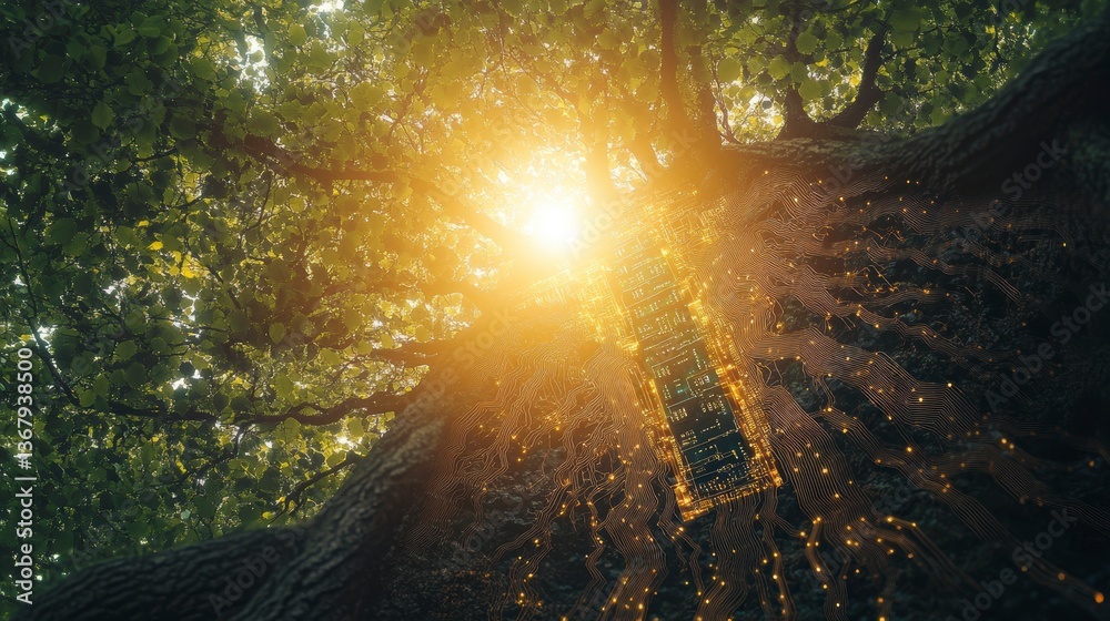 Poster Low angle view of large tree roots with sunlight shining through leaves, digital overlay.