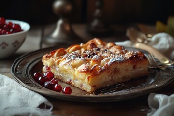 A warm tray of lardy cake with sticky dough and currants