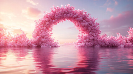 A serene yet dynamic scene with a pastel pink floral wreath floating on restless water, symbolizing harmony amidst change and the fluidity of life in a modern, tranquil setting