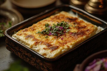 A warm tray of layali lubnan with semolina and cream dessert