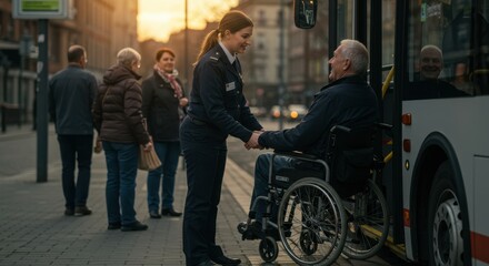 Obraz premium Compassionate Transit Worker Assisting Senior Citizen in Wheelchair