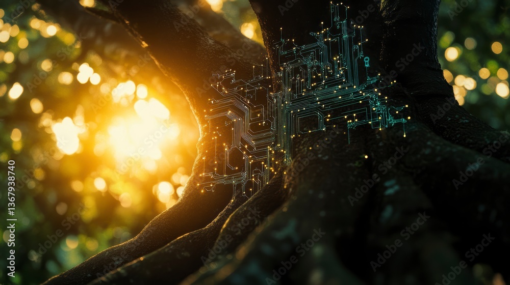 Poster circuit board embedded in tree roots at sunset.