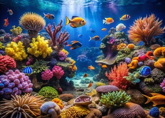 Naklejka premium Panoramic Underwater Scene: Vibrant Coral Reef Fish Tank