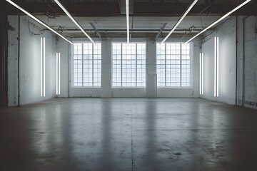 Dimly lit, empty studio space with white windows and an industrial atmosphere perfect for creativity.