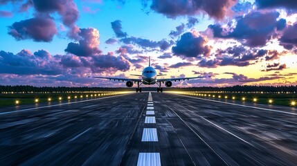 Obraz premium Airplane Taking Off on Runway with Colorful Sunset Sky Above