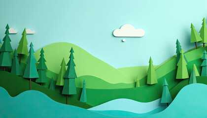 Colorful paper cut landscape with trees, hills, and clouds on a blue background