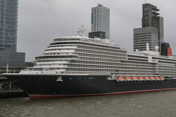 Brand new ocean liner cruiseship cruise ship Queen Anne in port of Rotterdam, Holland with...