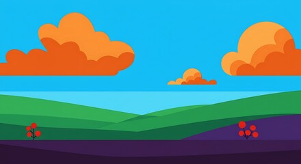 Obraz premium Vibrant orange clouds drift over layered green hills at sunset creating a tranquil landscape ideal for nature themed projects or backgrounds